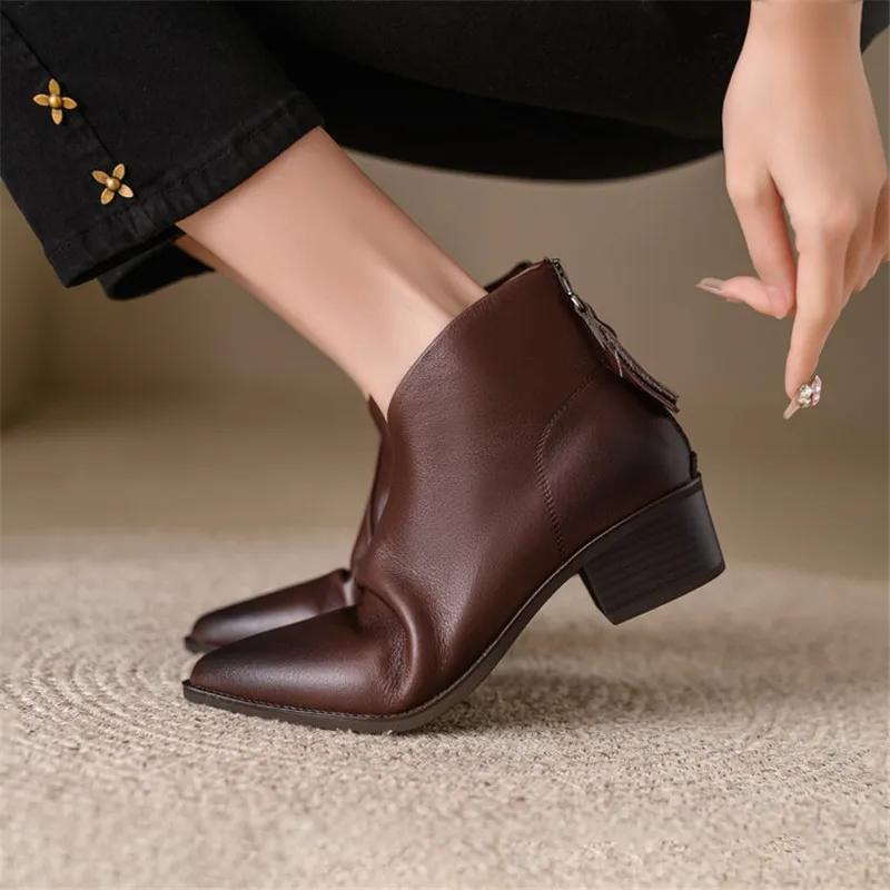 Fashion New Women Genuine Leather Ankle Boots Pointed Toe Chunky Heel Boots for Women Winter Fashion Short Boots Concise Women Boots