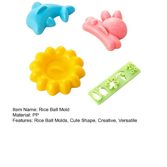 Bento Box Accessories 4PCS Cute Rice Ball Molds, Rabbits Dolphins Flowers And Long Shape, Easy Sushi Press Portable Food Grade PP Maker for