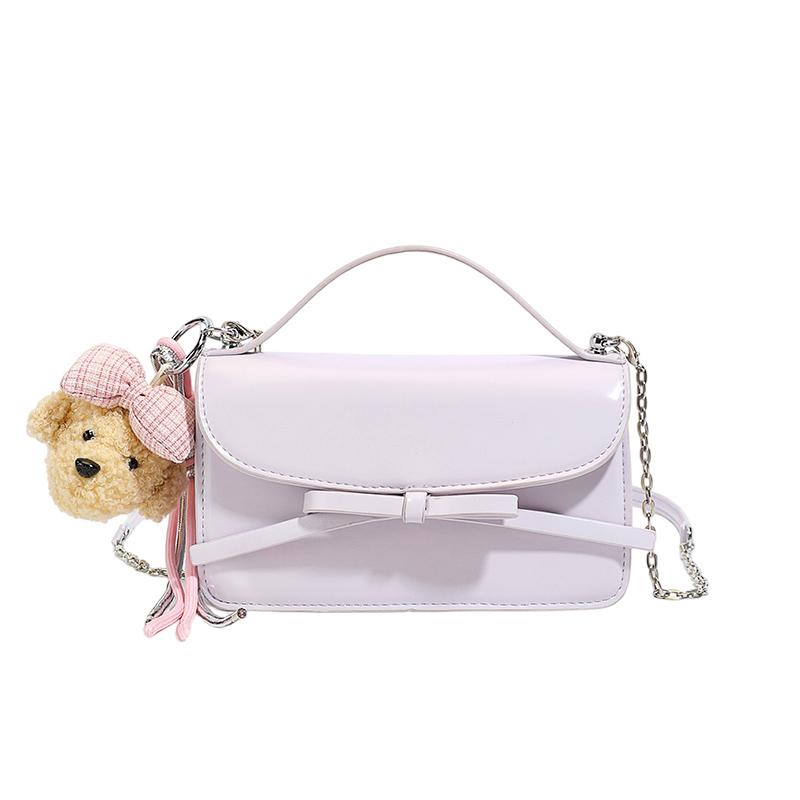 Fashion Sweet Bow Decor Small Satchel Bag Faux Leather with Chain Strap Crossbody Purse Plush Teddy Pendant Convertible Handbag