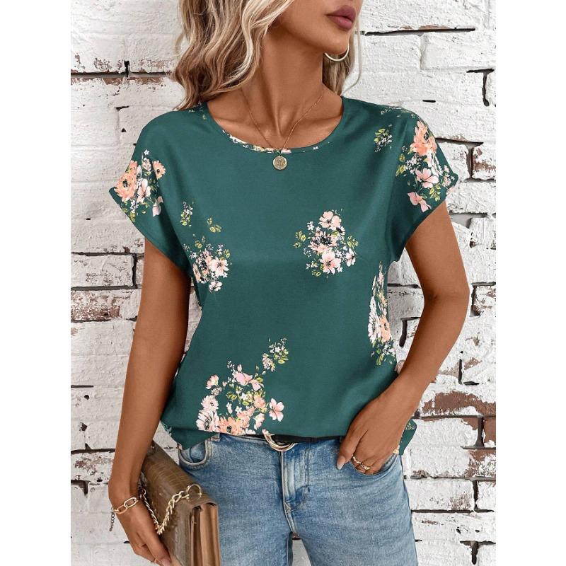 Summer Round Neck 3D Print Flower Pattern Top Fashionable Casual Short Sleeved Women's T-shirts