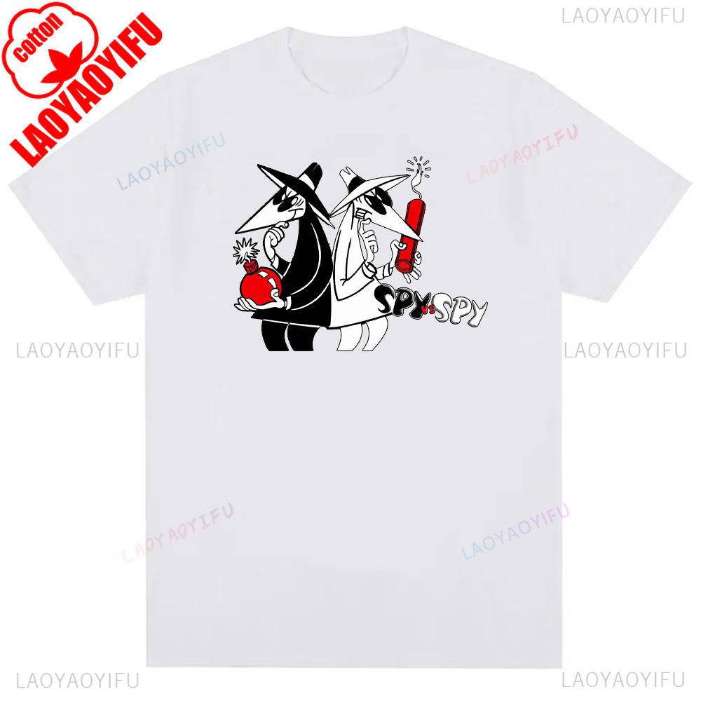 Mens Spy Vs Spy Graphic T Shirt Summer Cotton Crew Neck Retro 80s Cartoon Print Funny Humorous Vintage Style Fashion Tee Shirts
