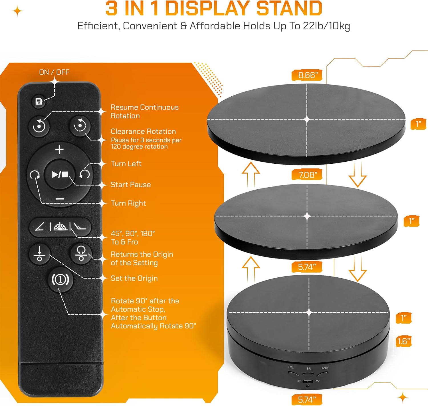 Remote Control Motorized Rotating Display Stand - 360° Electric Rotating Platform | 3-in-1 Sizes nero