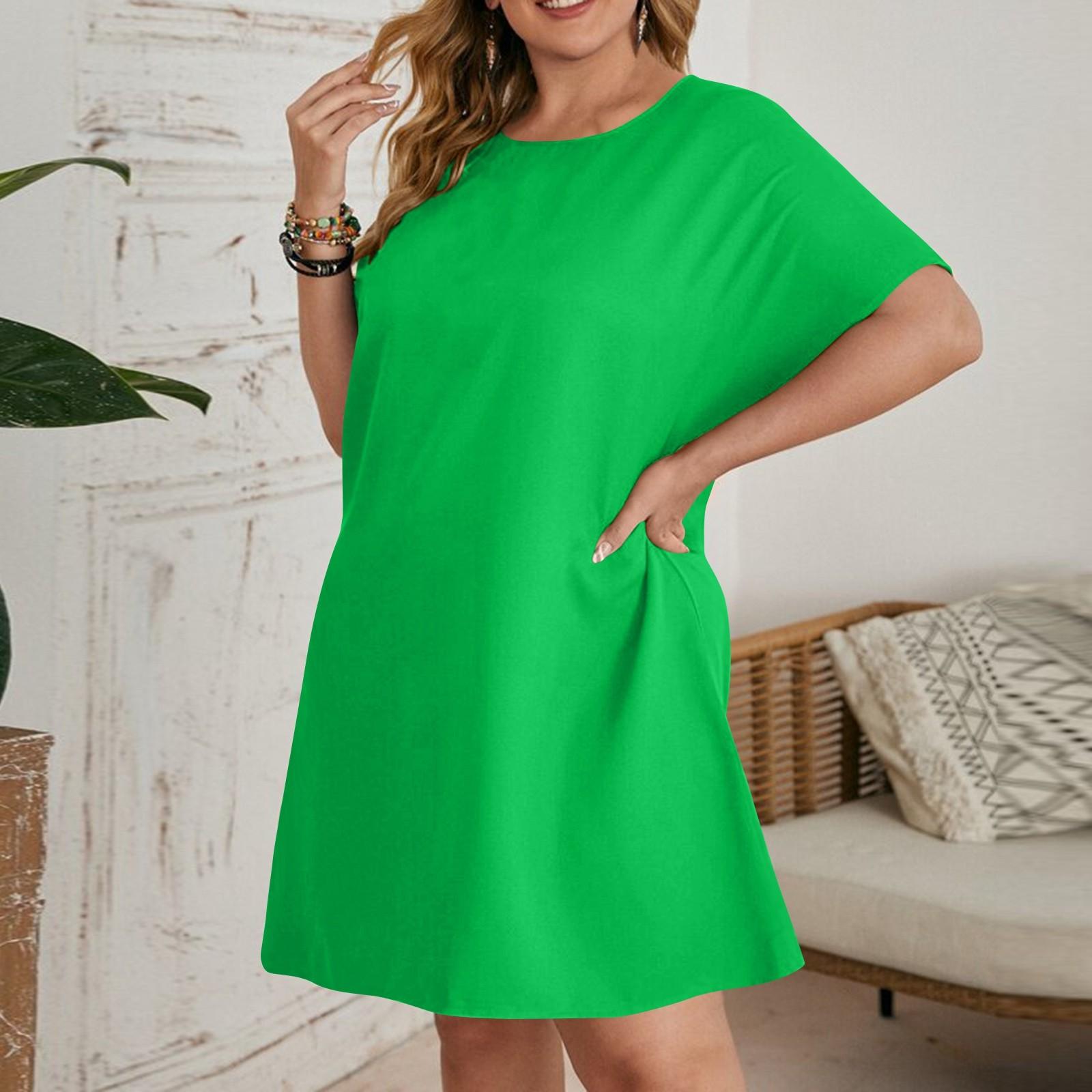 Женские летние свободные платья-рубашки с коротким рукавом и круглым вырезом — фото 11
