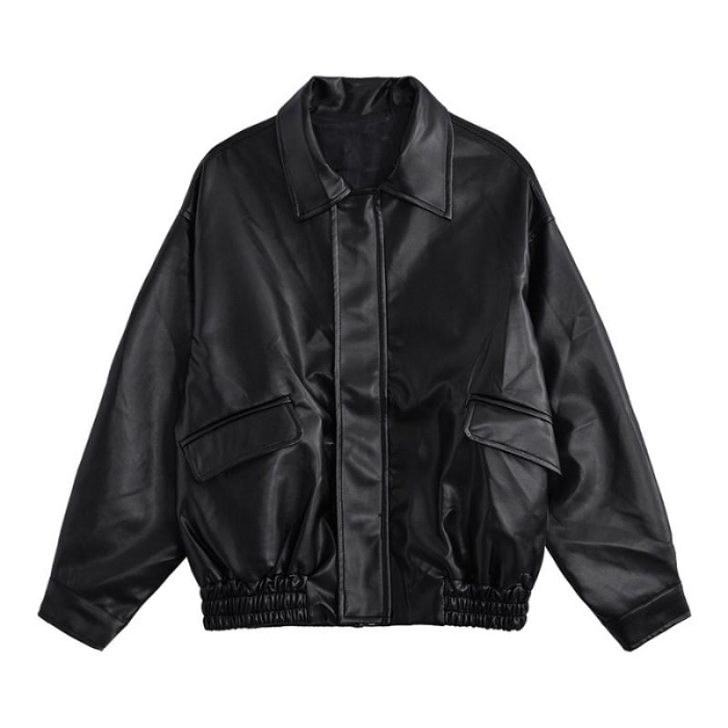 Womens Brown PU Leather Jacket Short Loose Fit Vintage Style Motorcycle Biker Coat