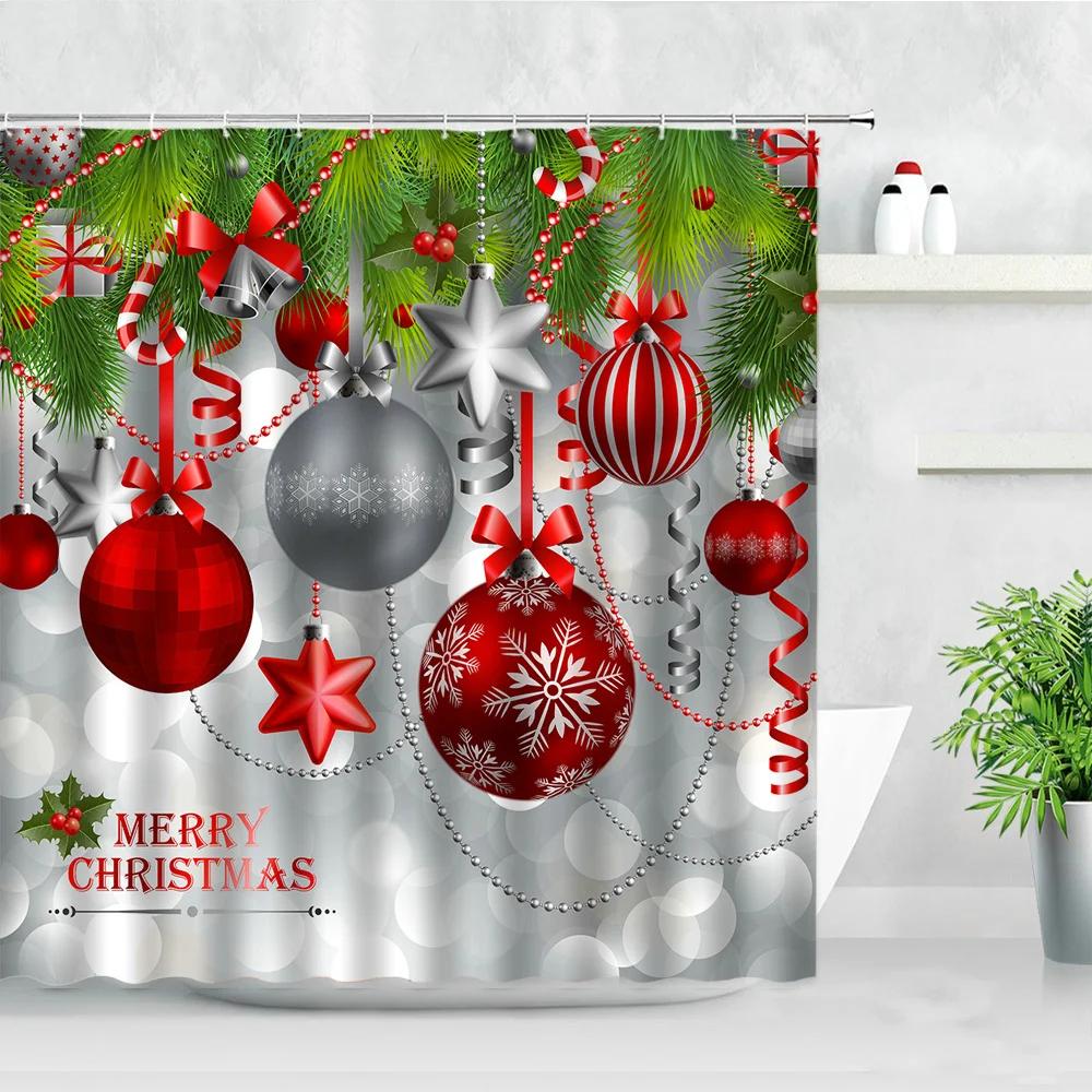 

Winter Christmas Shower Curtains Xmas Ball Gift Cedar Natural Landscape New Year Home Decor Bathroom Fabric Bath Curtain Hooks 90x180cm-35x70in