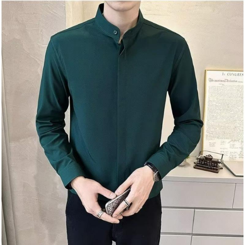 Mens Solid Color Stand Collar Long Sleeve New Chinese Style Casual Shirt