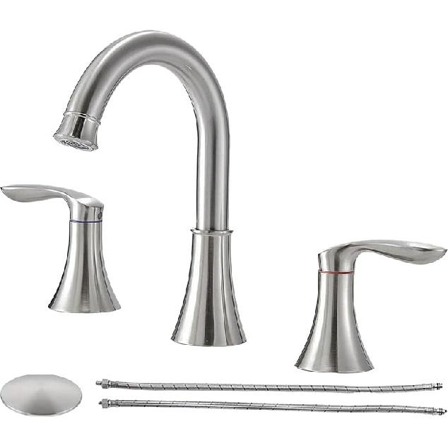 Brushed Nickel Bathroom Faucet 3 Hole Widespread 8 Inch - 2 Handle Vanity Sink Faucet Set with Swivel Spout, Pop Up Drain and Water Supply Hoses. Brushed Nickel