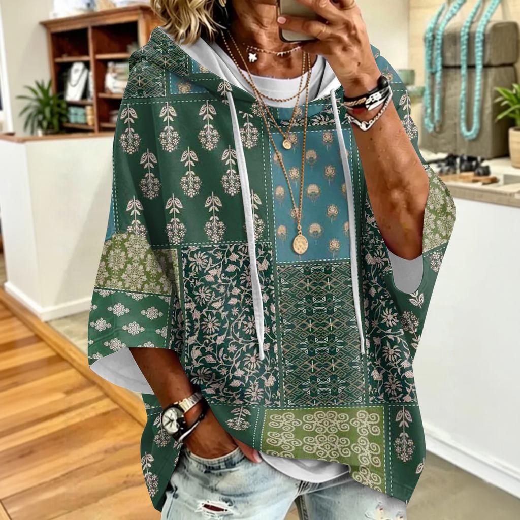 Women's Casual Loose Fit Floral Print Drawstring Hoodie Retro Sweatshirt for Everyday Wear