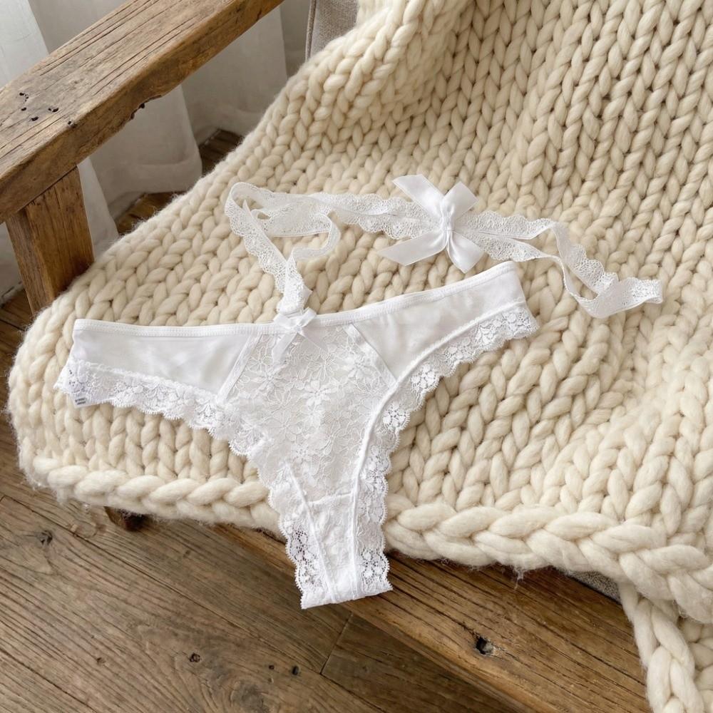 Bow Hanging Neck Chain Lace Flower Transparent Briefs Patchwork Underwear for Women  Lady