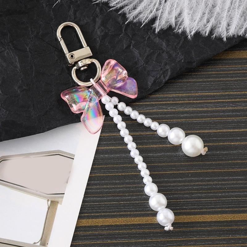 Bowknot Shaped Keychain Pendant Pearls Beaded Butterfly Knot Key Chain Fashionable Bow Ornament for Phones and Bag