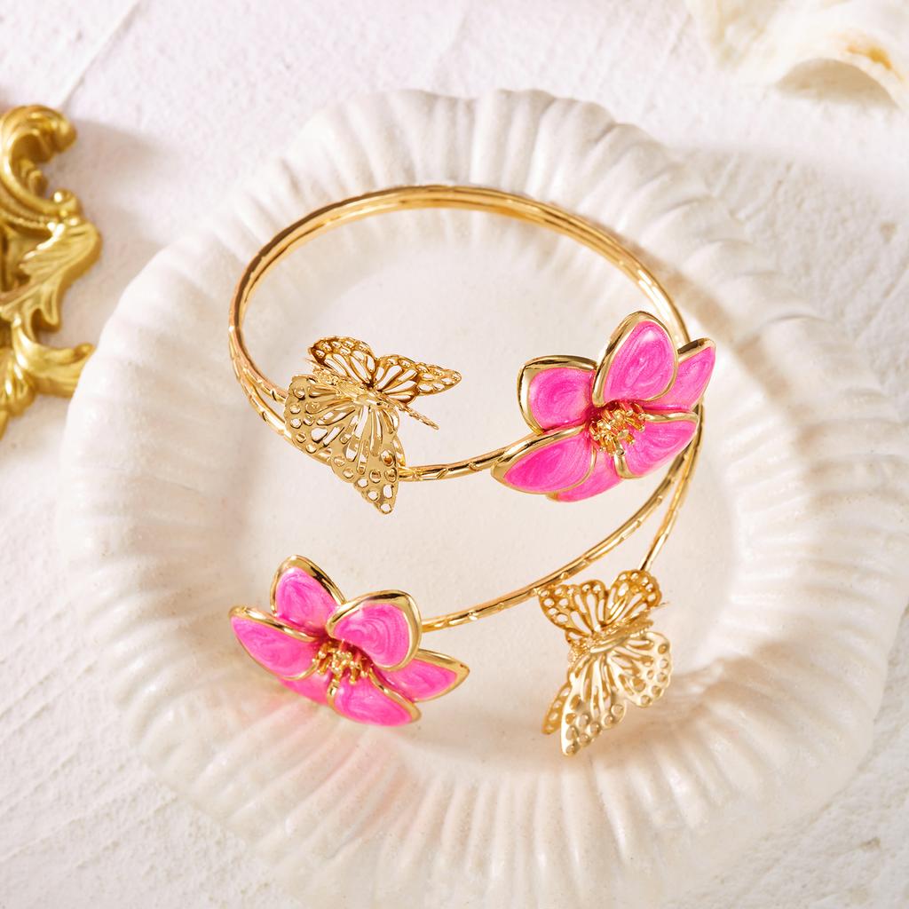 Elegant Enamel Flower Open Cuff Bracelet For Women Gold Plated Pink White Floral Bangles Beach Party Vacation Wedding Jewelry