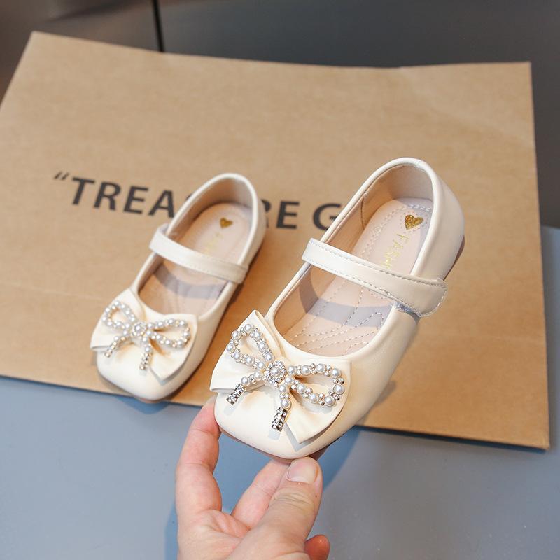 Bow girls leather shoes 2025 spring and autumn new princess shoes little girl rhinestone single shoes soft sole non-slip beanie shoes