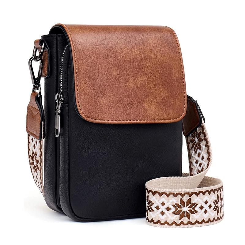 Bolso Bandolera de Cuero Vintage para Mujer Bolso para Teléfono para Mujer Correa Ancha Ajustable Bolso de Mano Compartimentos Múltiples con Cremallera Cartera