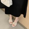 2025 Summer New Satin Bow Open-toed Flat-soled Soft-soled Sandals Round Head Outer Wear Flat-heeled Cool Slippers