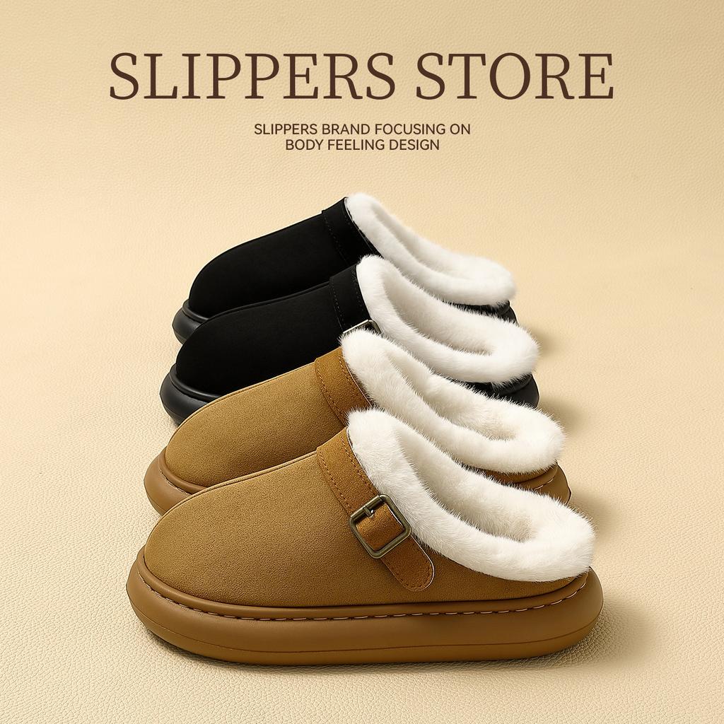 Damen Hausschuhe aus Hirschleder-Fleece-Baumwolle, Herbst und Winter, neu, Indoor, Lammfell, warm, Plateau-Baumwollschuhe für Damen