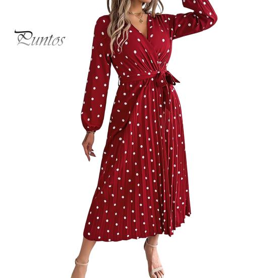 

Женское платье с длинным рукавом, V-образным вырезом, платье в горошек с завязкой на талии, длинное плиссированное платье для офисных вечеринок, свиданий S вино красного