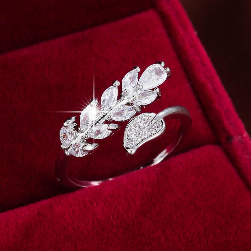 Niche Luxury Zirconia Open Leaf Wheat Ear Ring Set Adjustable Open