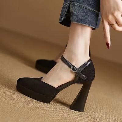 Zapatos de Mujer Mary Jane de Primavera y Otoño de Ante Color Sólido Tacones Altos Impermeables Plataforma Zapatos Individuales Zapatos de Uniforme para Mujer