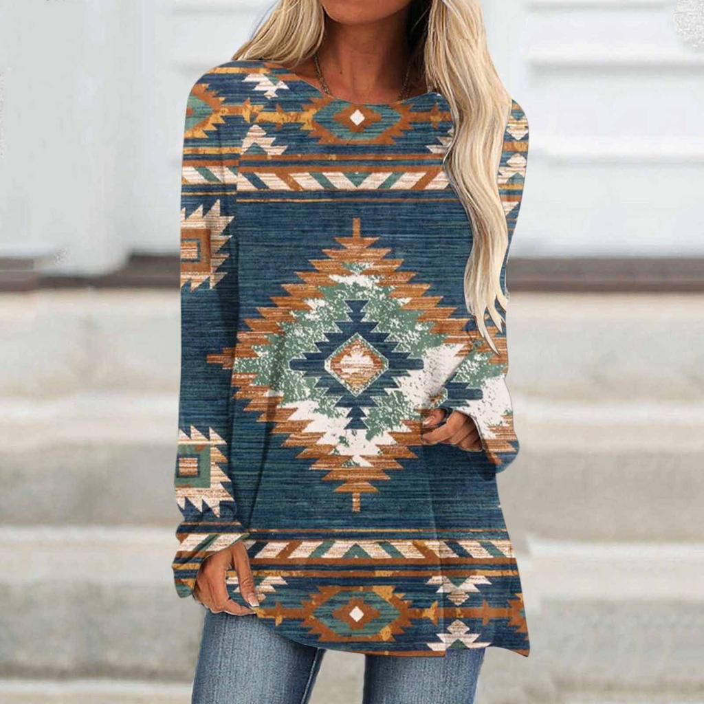 Ethnic tribe geometric print autumn casual comfortable women's long sleeve T-shirt Urban street trend fashion women long sleeve