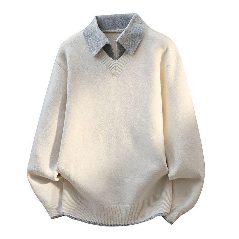 Men's Trendy Faux Two-Piece Lapel Sweater - Autumn/Winter Thickened Velvet Casual Knit Base Layer