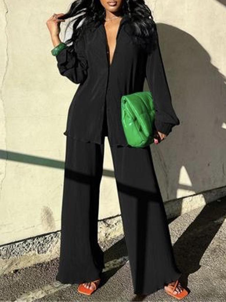 Elegant European & American Women's Solid Color Long Pants Two-Piece Set