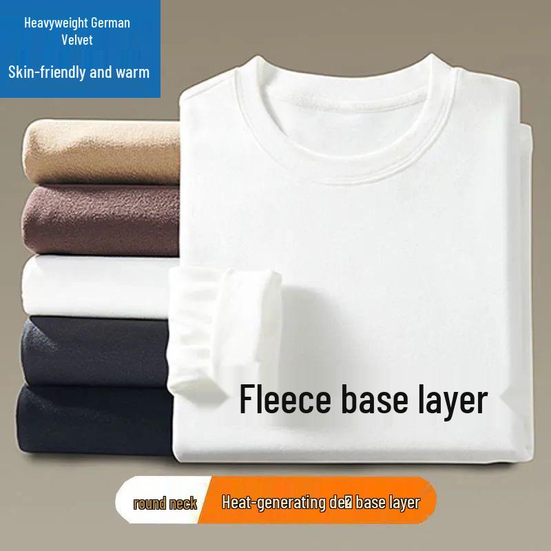 Men's Fleece-lined Double-sided German Velvet Warm Round Neck Long Sleeve Base Layer - Versatile Solid Color Innerwear for Autumn/Winter 2026.