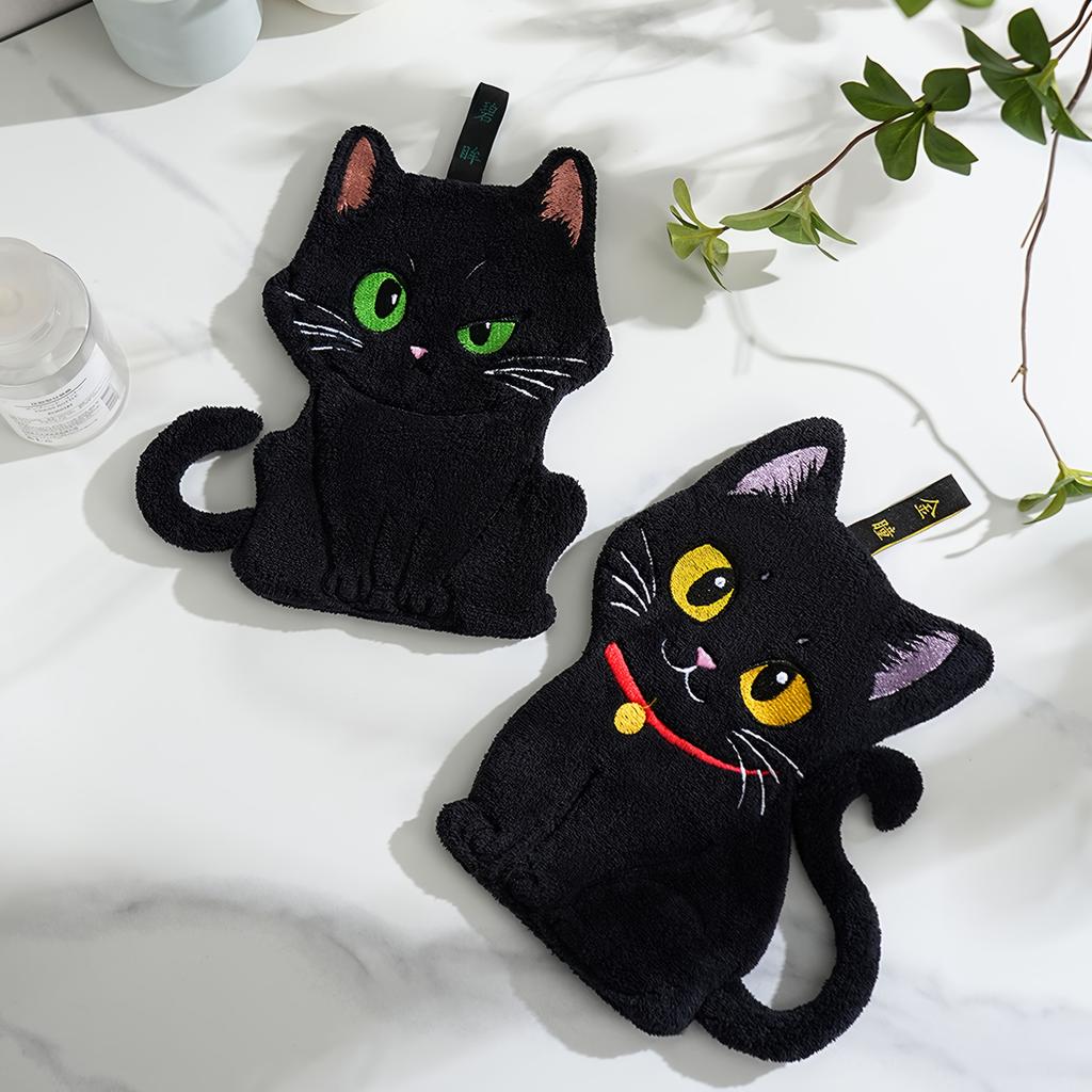 Black Cat Embroidered Hand Towel, Coral Fleece Super Absorbent Quick-Dry Hanging Bathroom and Kitchen Finger Towel