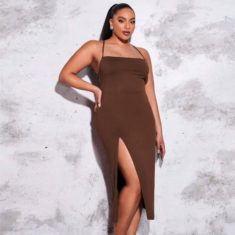 

Women s Brown Square Neck Spaghetti Strap Side Slit Bodycon Midi Dress 1XL