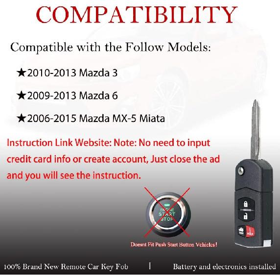 MechanMagic Key Fob Remote Replacement Fits for 2006 2007 2008 2009 2010 2011 2012 2013 2014 2015 Mazda MX-5 Miata/Mazda 3/Mazda 6 BGBX1T478SKE125-01
