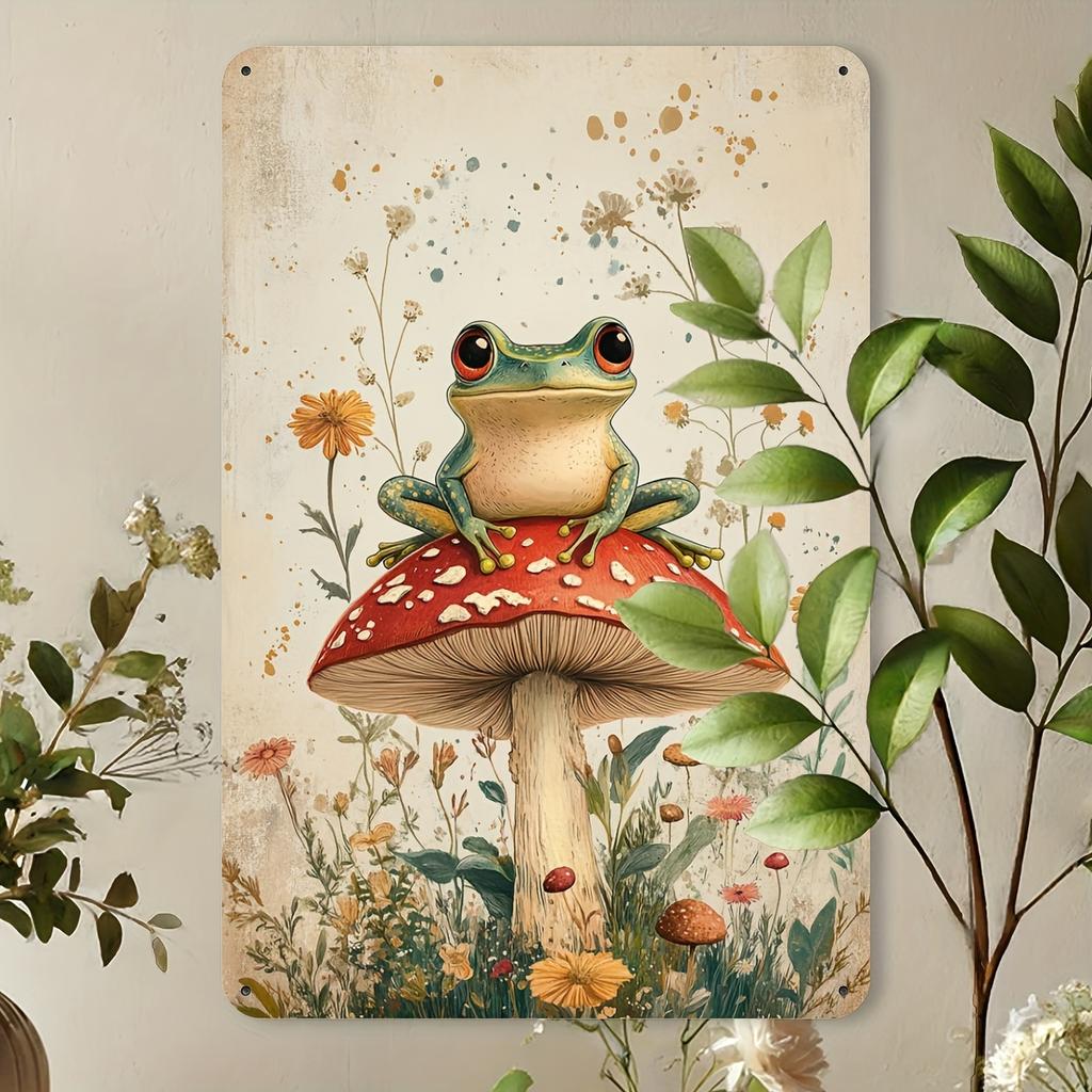 Vintage Mushroom & Frog Metal Tin Sign | Durable Iron Wall Art for Home & More | Easy-Hang Decor for Parties & Events