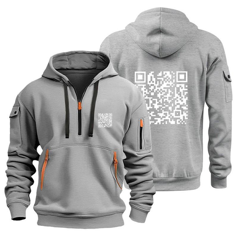 Mens Hooded Sweatshirt With QR Code Print Slim Fit Cotton Blend Pullover Casual Winter Wear
