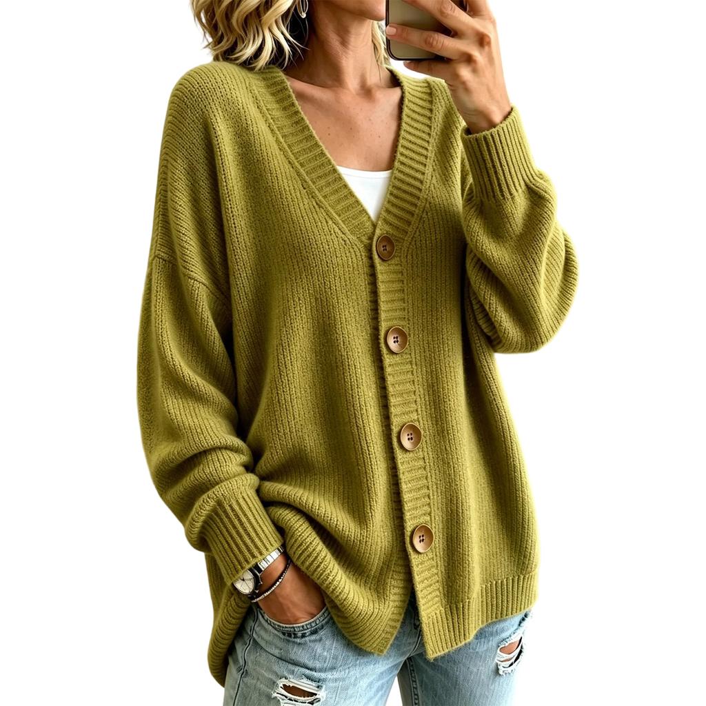 Women's Color V-Neck Button Front Knit Cardigan Long Sleeve