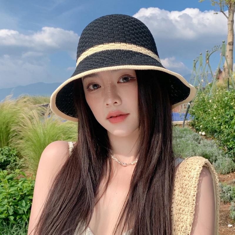 Summer Mesh Breathable Knitted Bucket Cap For Women Solid Color Wide Brim Sun Protection Panama Hat Outdoor Girls Travel Bob Hat