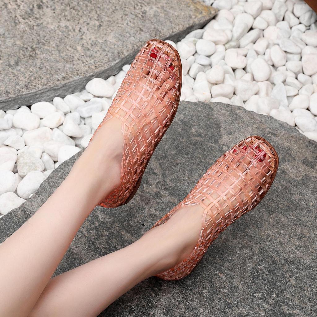 Women's 2025 Mesh Crystal Jelly Sandals: Hollow Out, Flat, Comfortable Slip-On, Korean Style.
