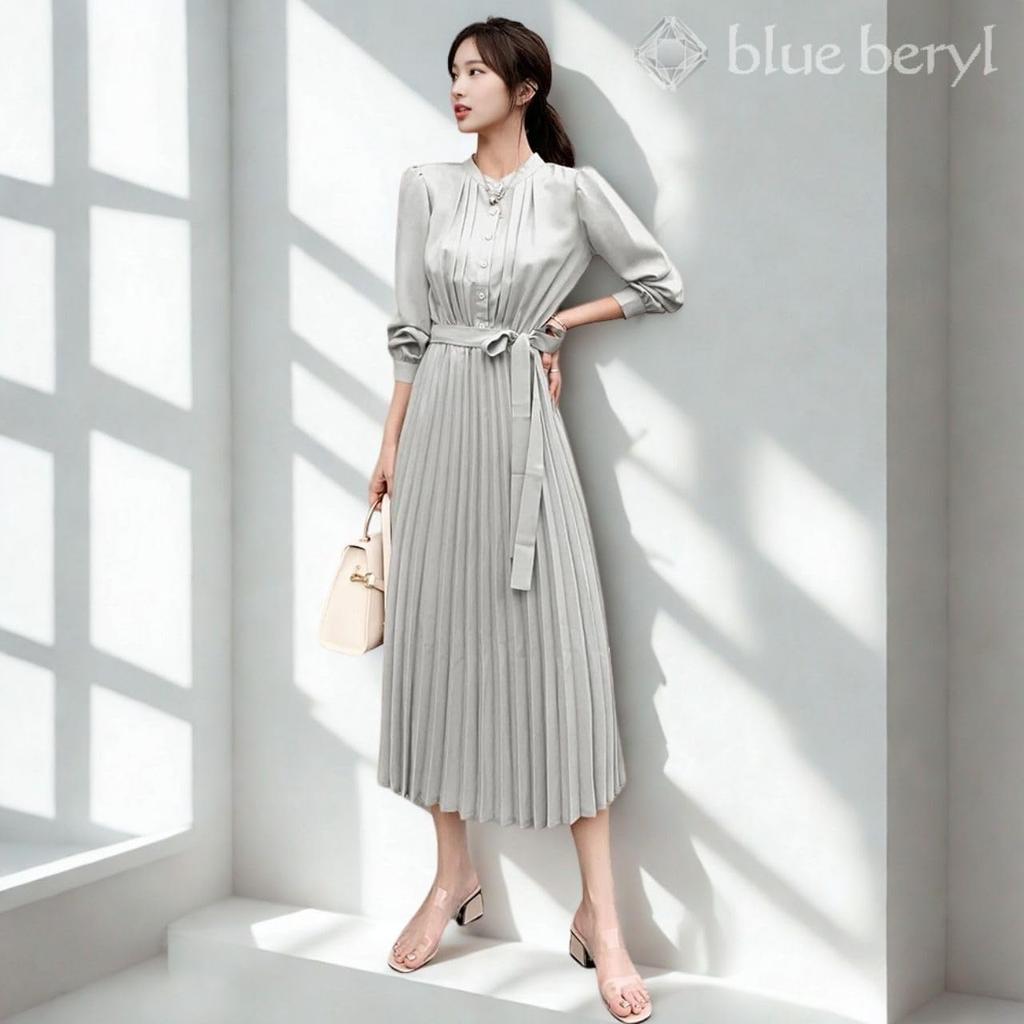 Original Chiffon Long Slimming Solid Gray [blue beryl] [Blue Beryl] Our Color Dress, Long, Pleated, Sleeves, Lined, Silhouette, Color, Elegant,