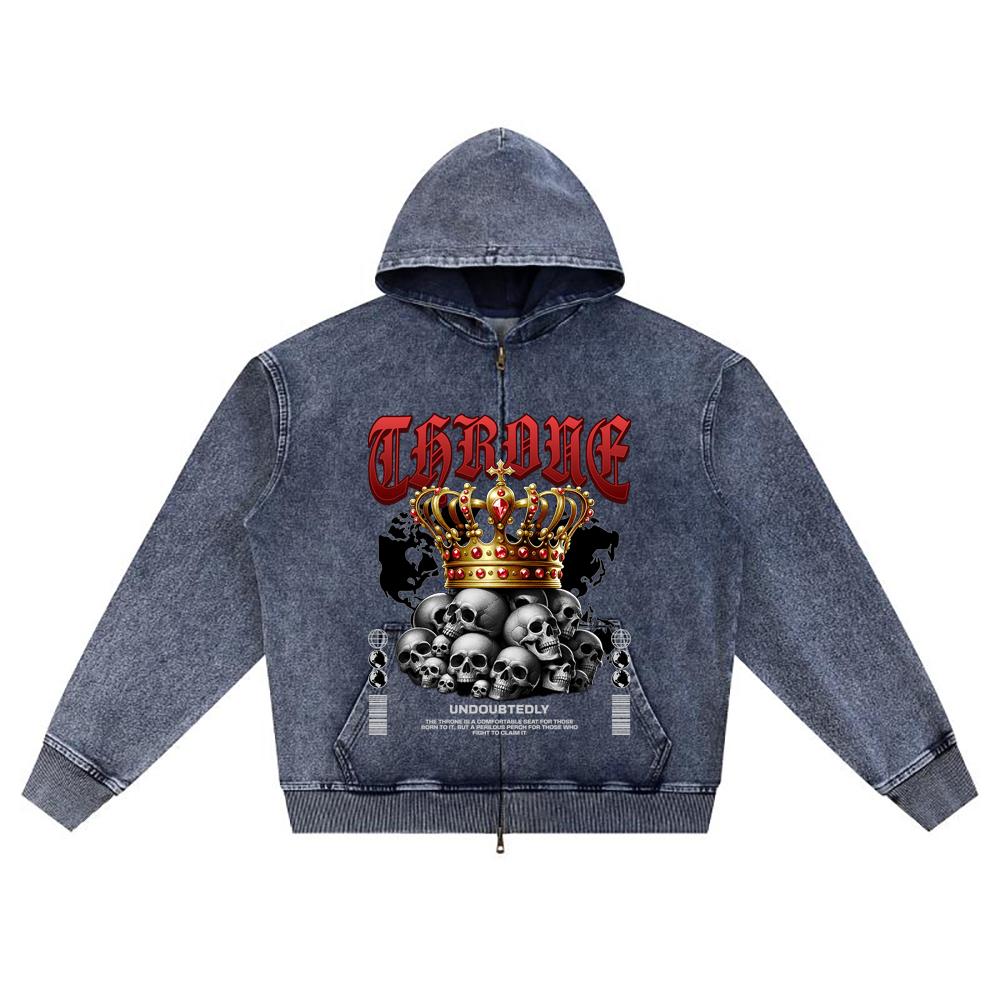 

DTG print Knitted Denim Zip-Up Hoodie Throne Brother Print Zipper Hoodies XL темно-синий