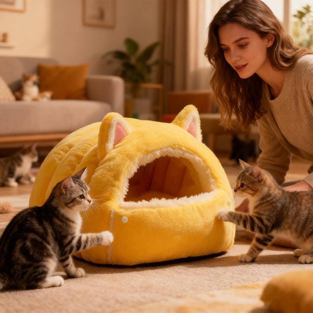 Cat Bed Cave Semi-Enclosed Dome Shape Winter Warm Shelter Warm Cat Bed For Animal Kittens Indoor Bedroom Balcony Apartment Home