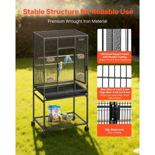 VEVOR Bird Cage, 625 x 425 x 1370 mm, Flat Top, Wrought Iron Bird Flight Cage with Perches, Slide-Out Tray and Plastic Feeders, Casters, for Parrot