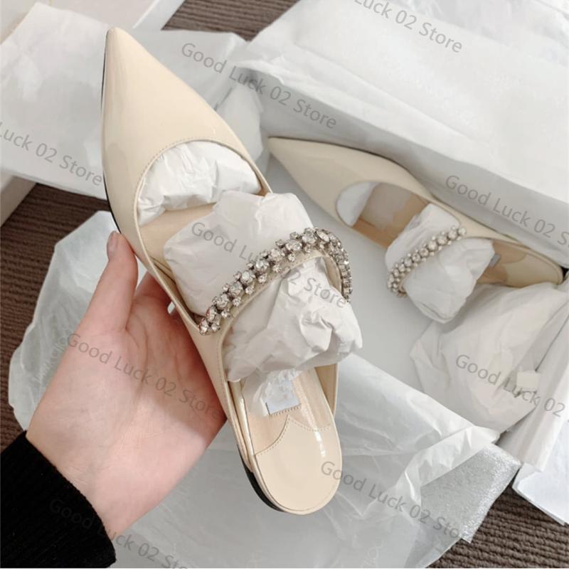 Fashion 2025 Rhinestone Patent Leather Bao Head Half Slippers New European French Wear High Heels Sandals Wedding White Sandals