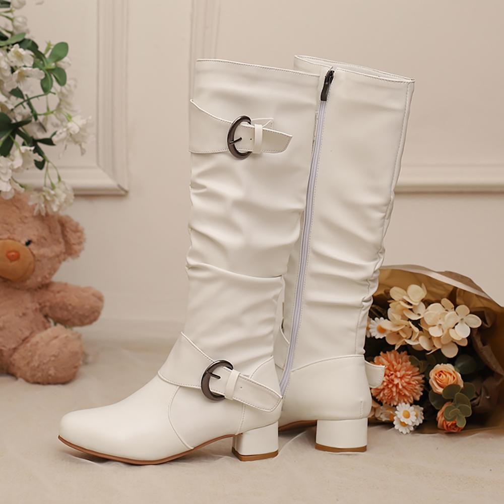 2026 Winter New Glamour White Pink Women Knee Riding Boots Mid Block Heel Lady Shoes Plus Small Big Size 10 30 43 46 48