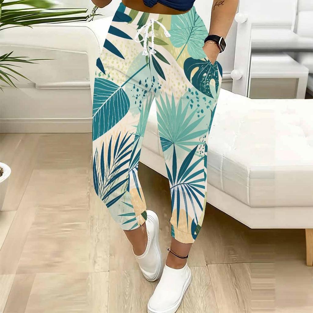 Women Plus Size Leaf Printed Jogger Pants Drawstring Waist Side Pockets Cuffed Ankle Casual Pants