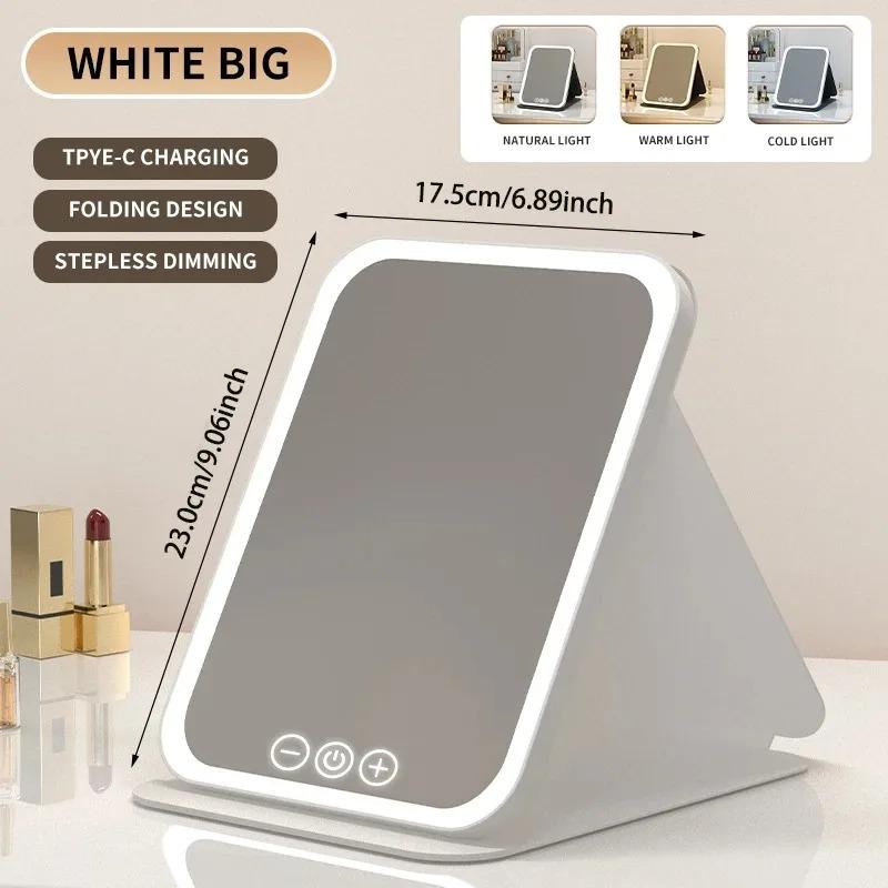 Portable 3 Colors LED Makeup Mirror Pocket Mirror USB Rechargeable Touch Control 3 Brightness Dimmable for Daily Travel Gift