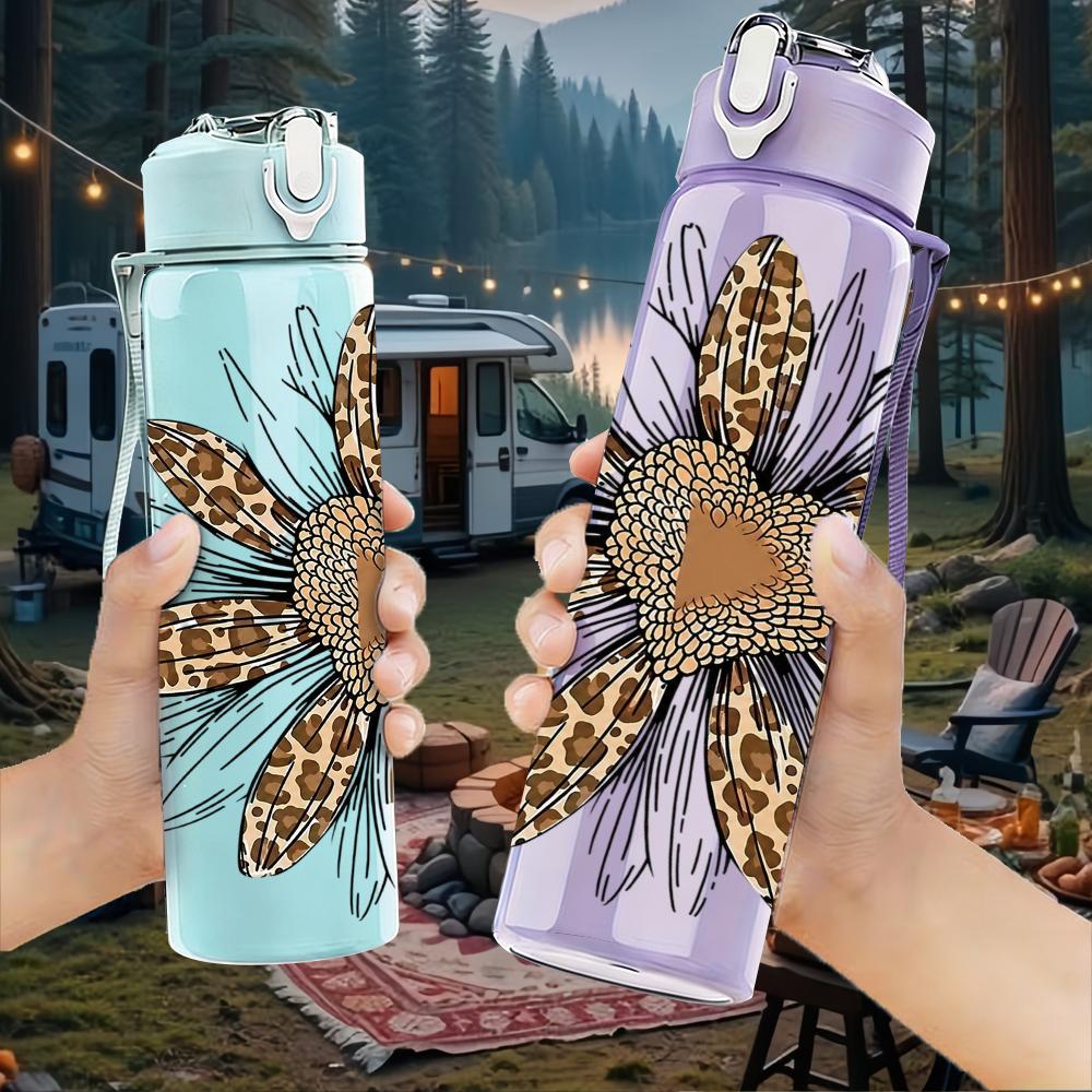1PC Leopard Sunflower 750ml Color Plastic Sports Water Bottle Leakproof Flip Straw Lid Suitable for Sports Office Home Use