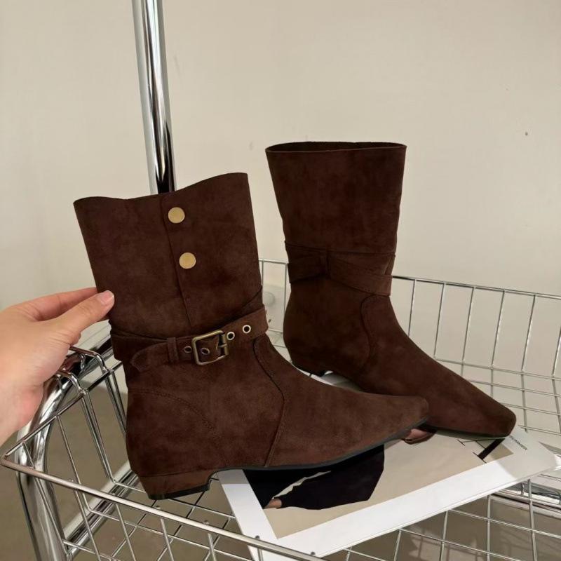 

Low Heel Suede Medium Boots Women s Boots 2025 Autumn and Winter Retro Western Cowboy Boots with Skirt Skinny Boots Short Boots 40