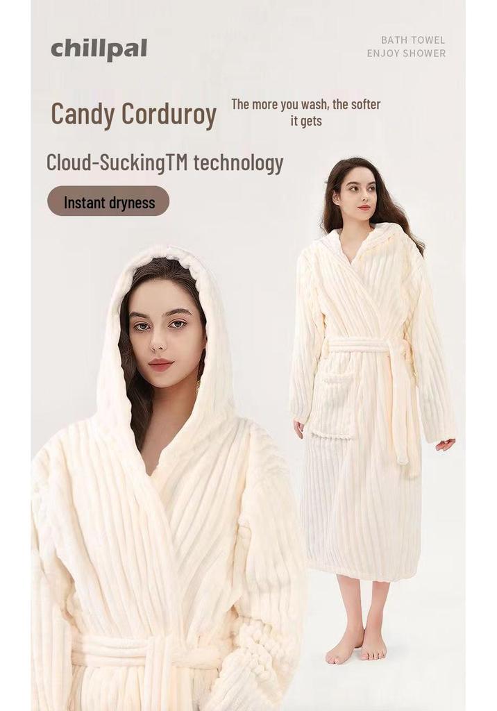 Candy Stripe Coral Fleece Hooded Bathrobe: Quick-Dry, Breathable, Skin-Friendly, and Warm.