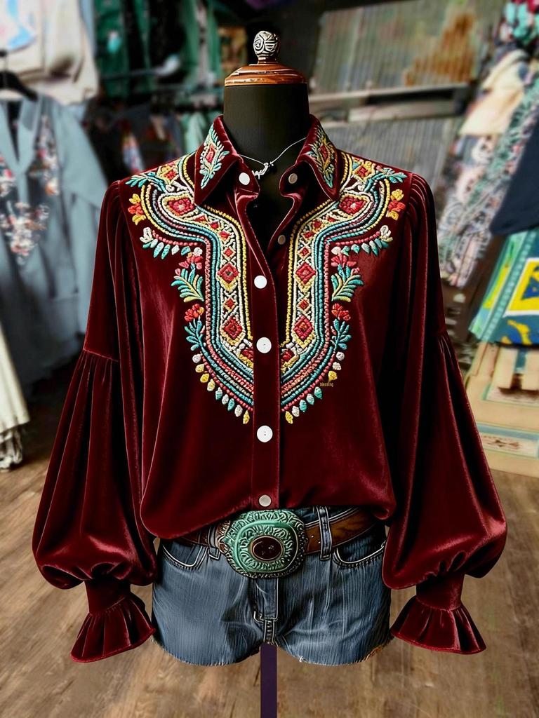 3D Pattern Fashionable Women's Long Sleeve Lapel Shirt with Pockets