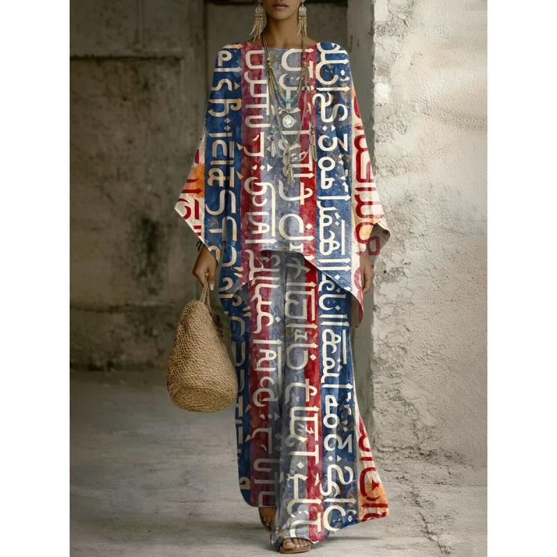 European and American retro bohemian suit exotic 1D printed loose top wide-leg pants temperament casual two-piece set