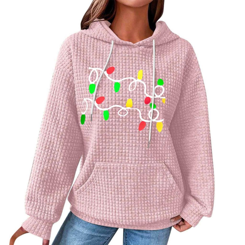 Women's Fashion Loose Hooded Pullover Long Sleeve Plaid Sweatshirt With Drawstring, Drop Shoulder, Pocket, Christmas Print Top