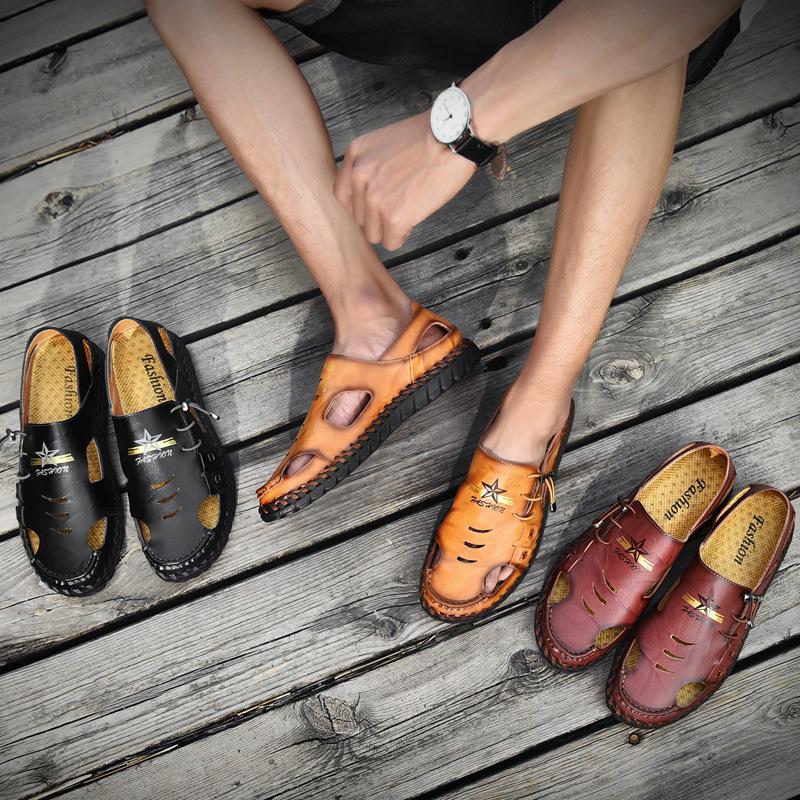 Plus Size Beach Men's Leather Shoes Closed Toe Leather Sandals Casual Hole Summer Cowhide Slippers Summer