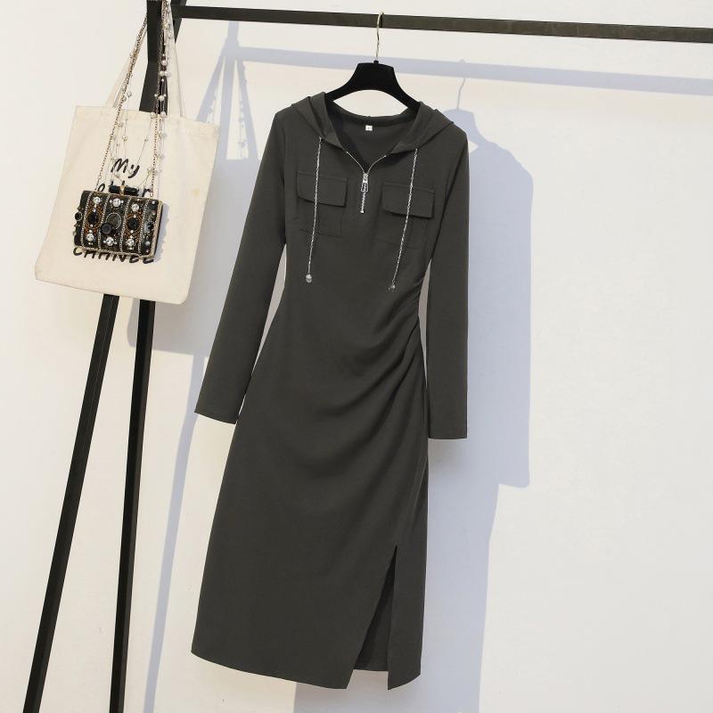 2023 Autumn Hooded Zipper Slit Dress for Women - Large Size, Slimming, Belly-Covering, Age-Reducing Style